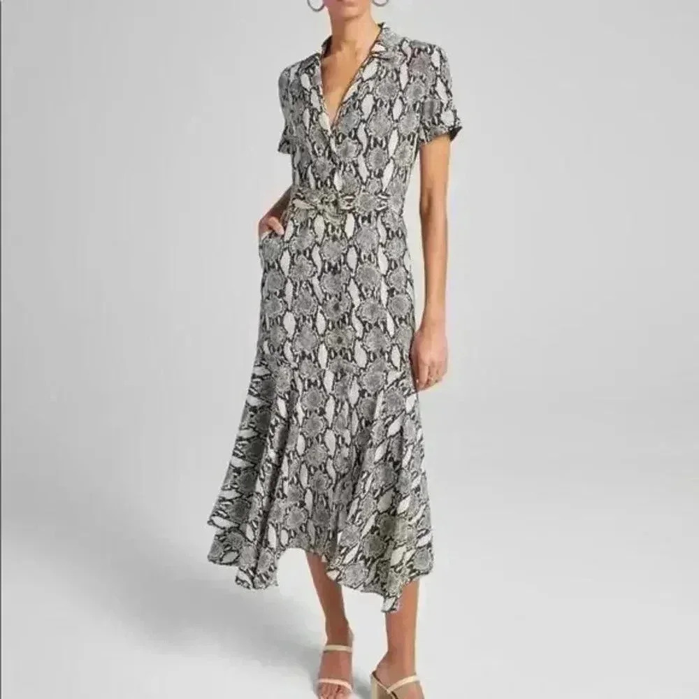 A.L.C. Black and White Snake Print Midi Dress Silk